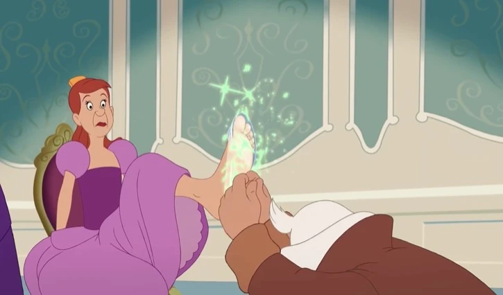 Magic makes the glass slipper fit on Anastasia's big foot