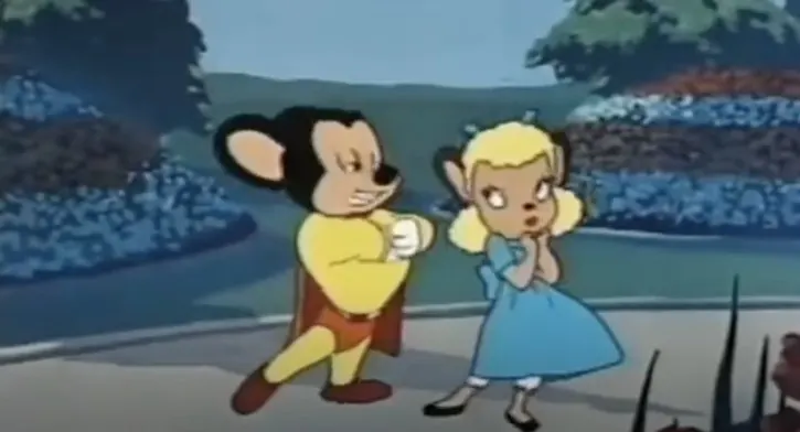 Mighty Mouse flirting with a blonde hair mouse after her rescue