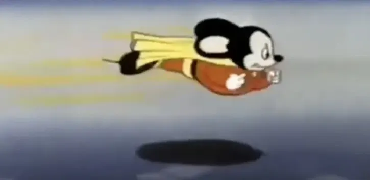 Mighty Mouse flying in his red suit