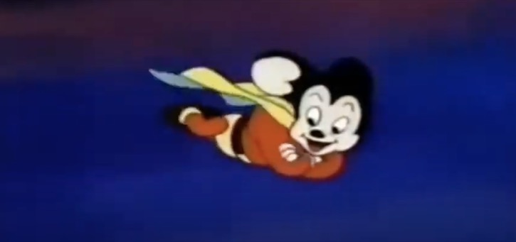 Mighty Mouse flying with his arms crossed