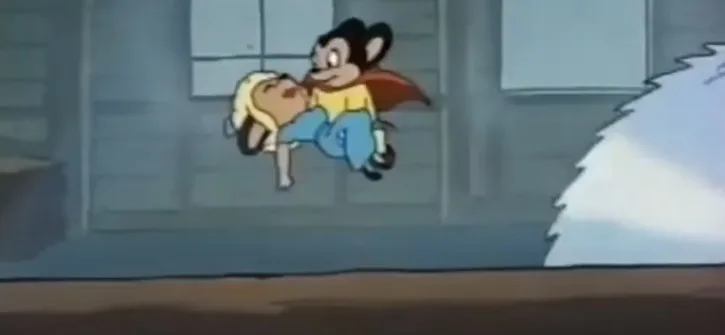 Mighty Mouse rescuing a blonde hair mouse