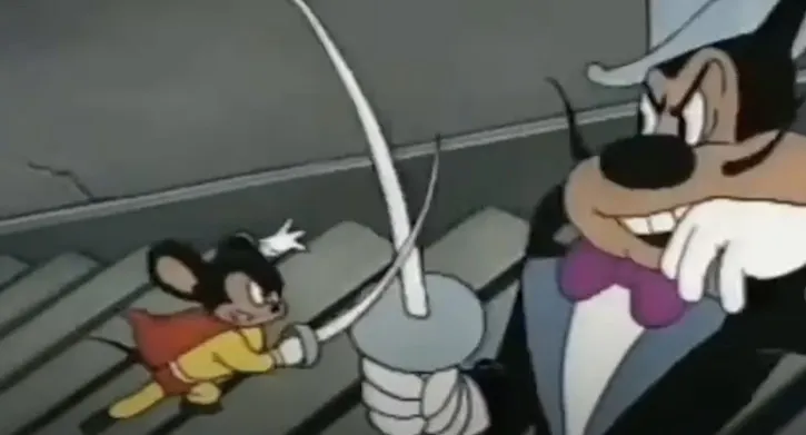 Mighty Mouse sword fighting with Oil Can Harry