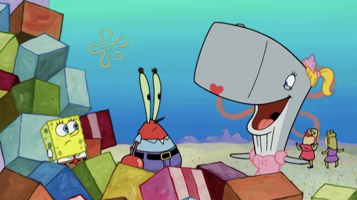 Pearl, Mr. Krabs, and SpongeBob standing in a pile of presents