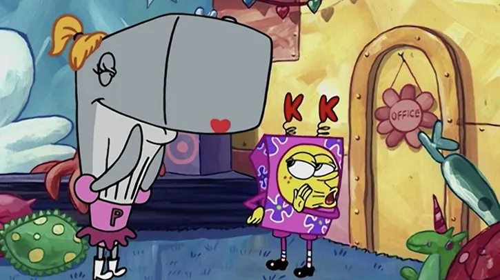 Pearl talking to SpongeBob who is dressed like a present