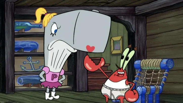 Pearl with her hands on her hips talking to Mr. Krabs