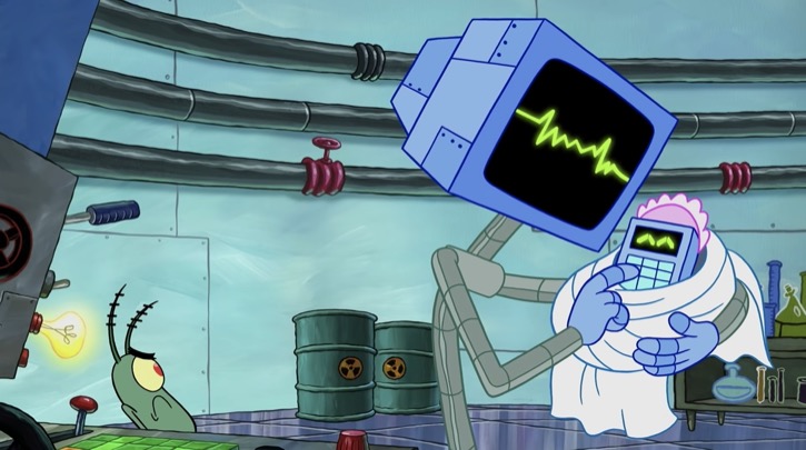 Plankton meeting his son being held by Karen