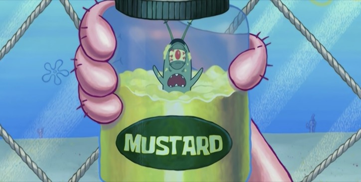 Plankton placed inside a jar of mustard by Sandy Cheeks