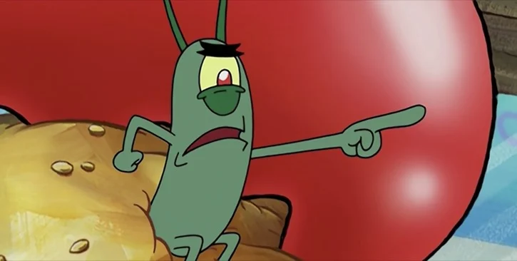Plankton pointing at Mr. Krabs