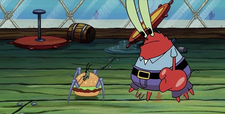 Plankton riding a Krabby Patty with metal legs being watched by Mr. Krabs