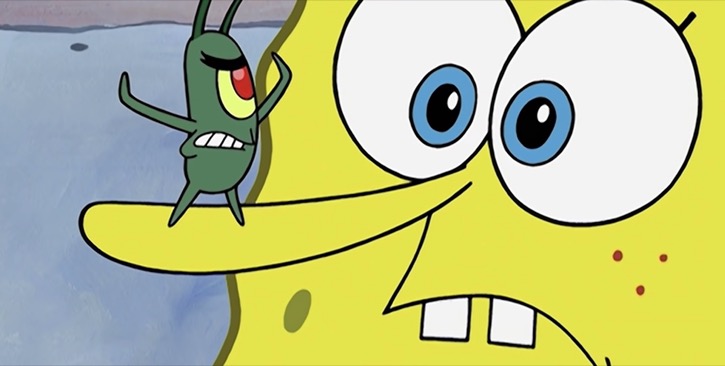 Plankton standing on SpongeBob's nose