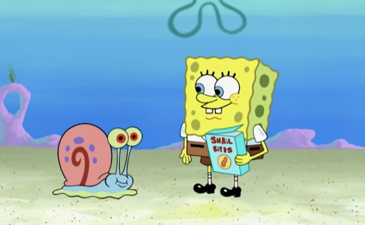 SpongeBob giving Gary Snail Bites treats