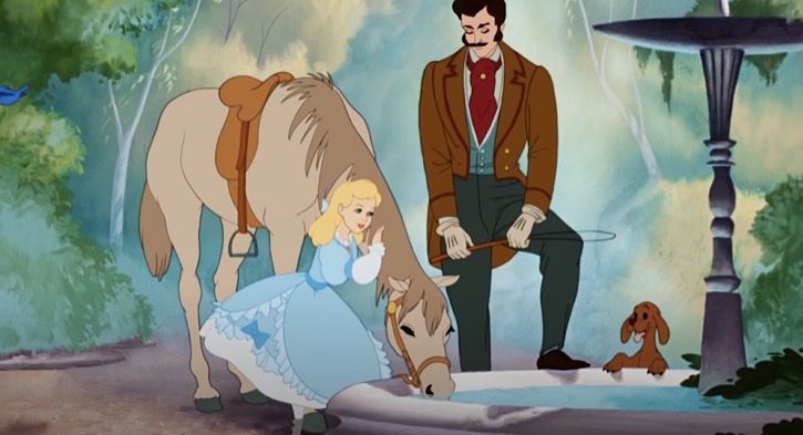 Young Cinderella with her father and pets next to a water fountain