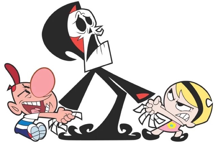 Billy and Mandy pulling on Grim's arms