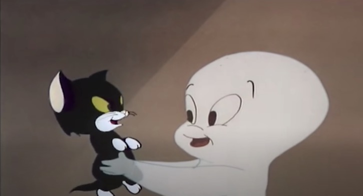 Casper the friendly ghost cartoon holding a black cat