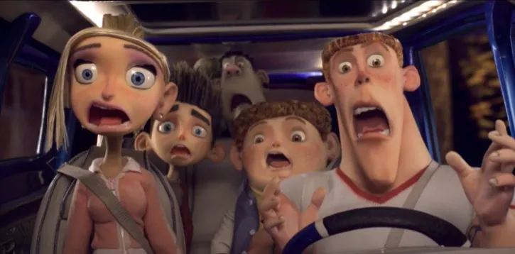 ParaNorman cast of characters riding in a car and screaming