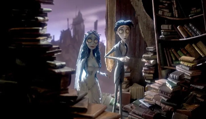 The Corpse Bride film Victor and Corpse Bride walk through a library
