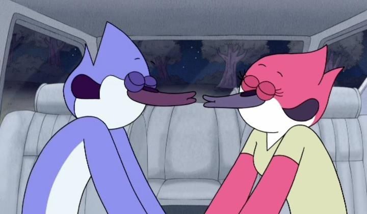 Mordecai and Margaret from Regular Show leaning in for a kiss