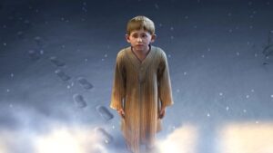 billy the lonely boy looking up at the polar express