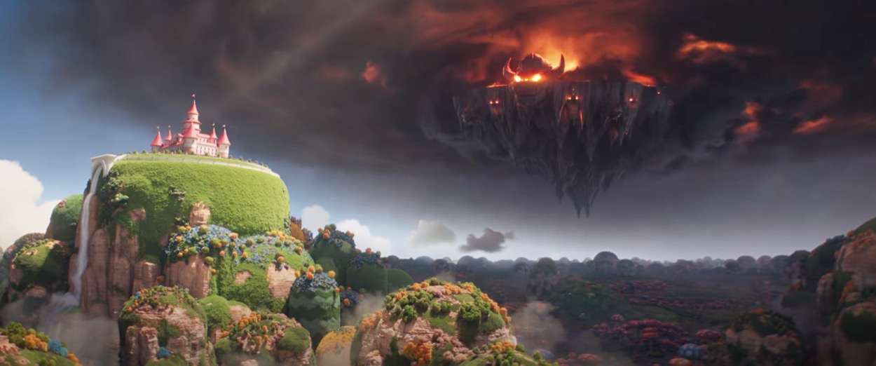 bowser's flying land mass of fire headed toward the mushroom kingdom