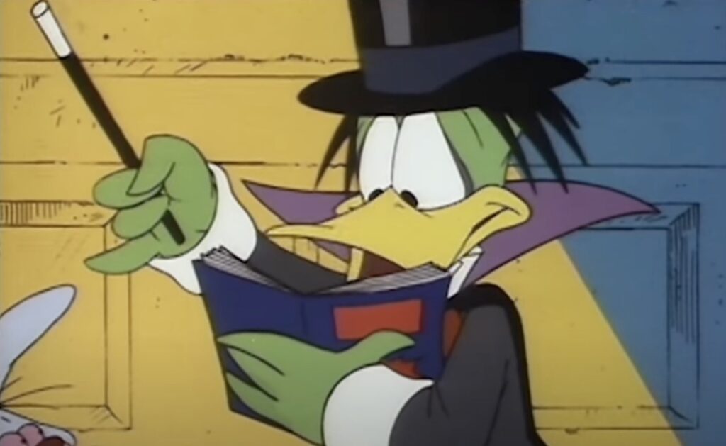 count duckula reading a magic spell from a blue book
