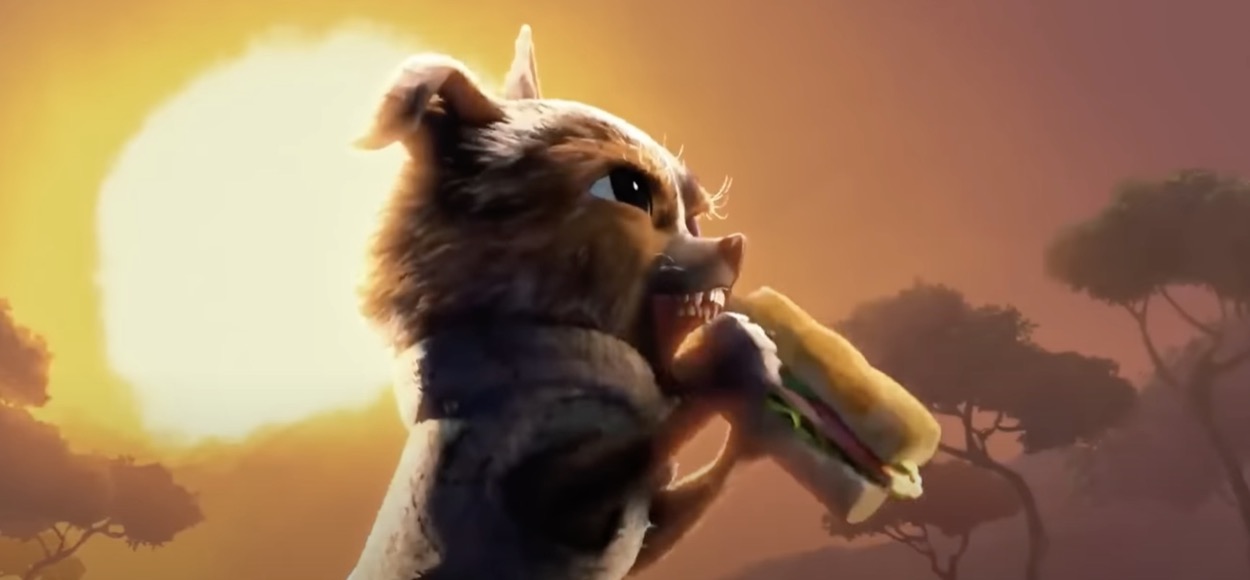 perrito eating a sandwich at sunset