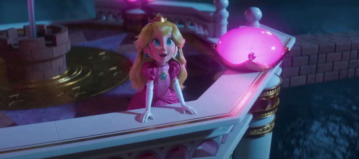 princess peach leaning on her castle's balcony