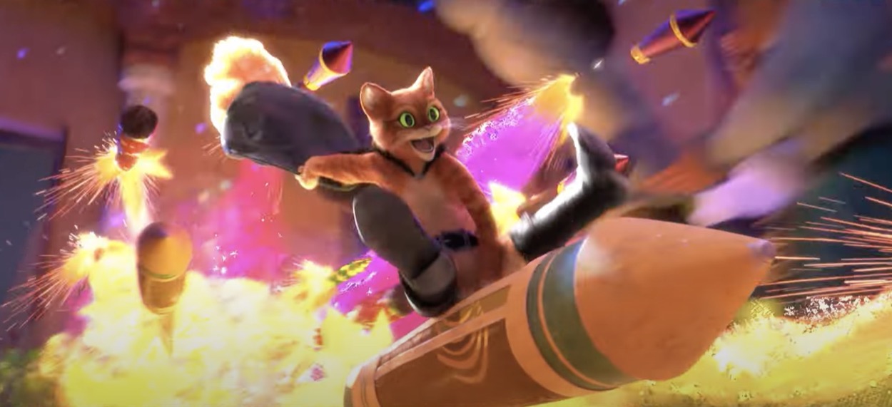 puss in boots riding a giant firework rocket