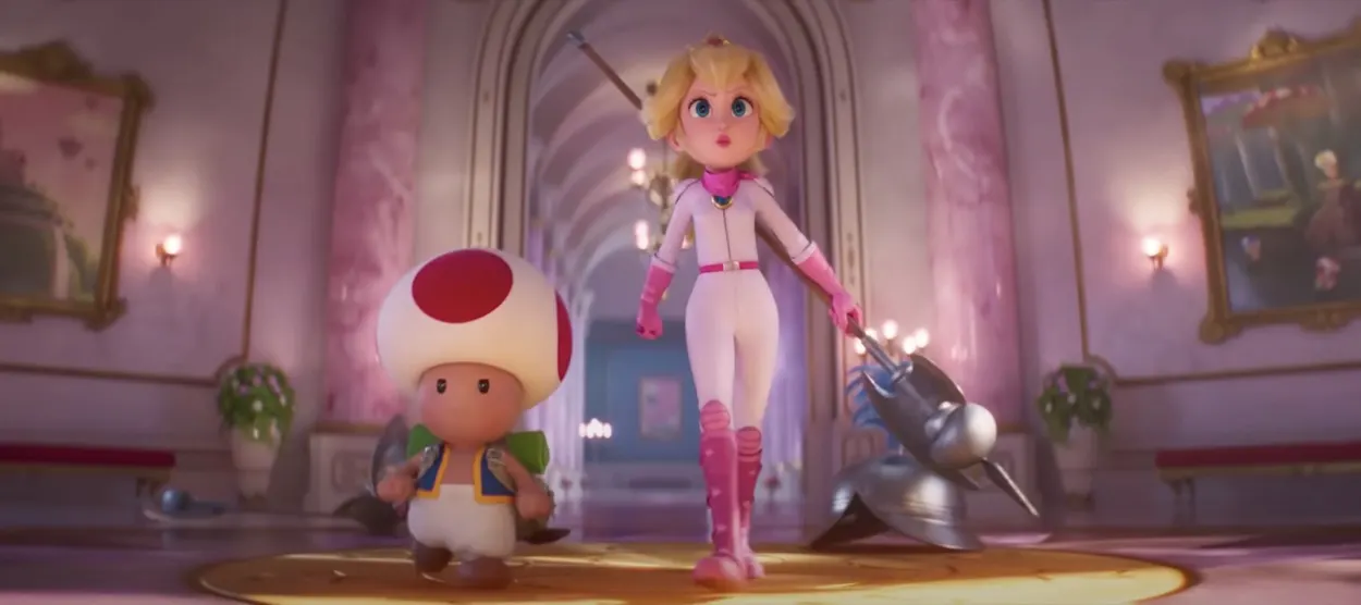 toad and peach walking side by side