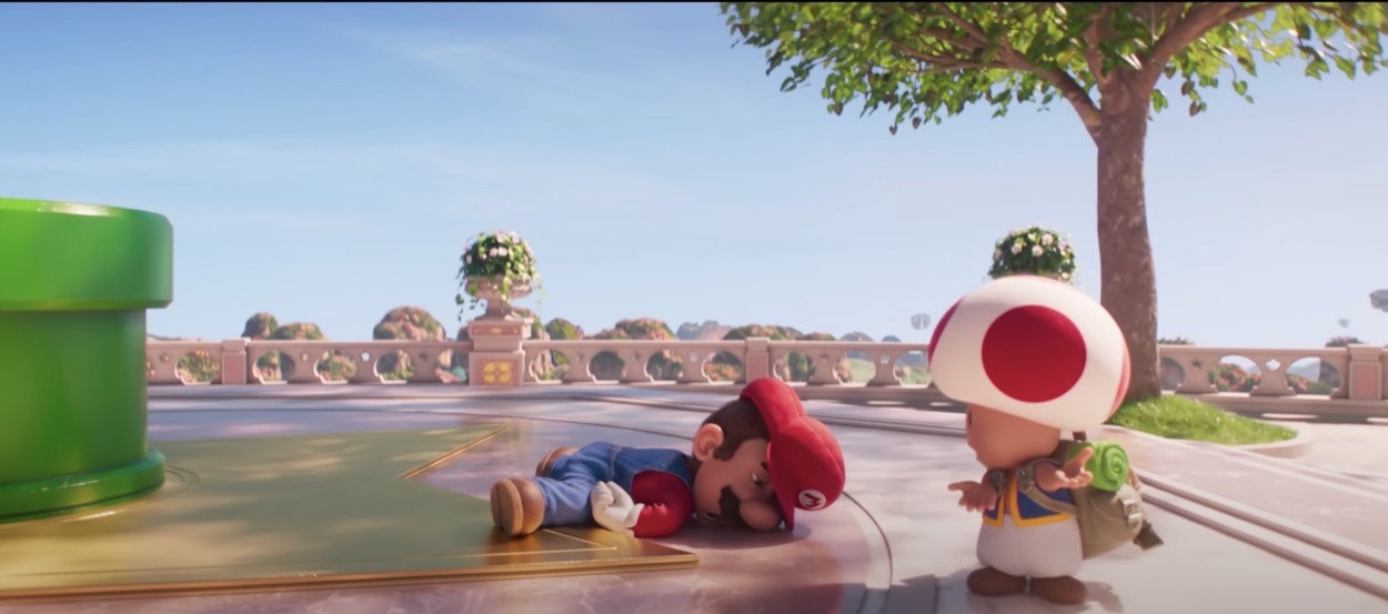 toad leading mario to the palace front doors