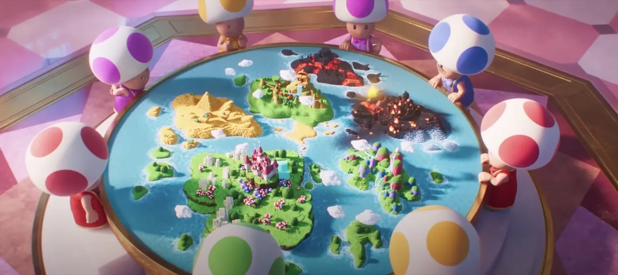 yellow toad, pink toad, blue toad, green toad and red toad looking over a round table map of the kingdoms