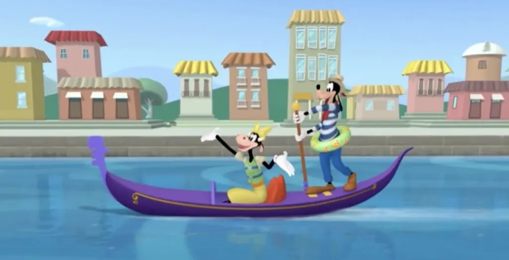 goofy rowing with clarabelle cow on a purple boat