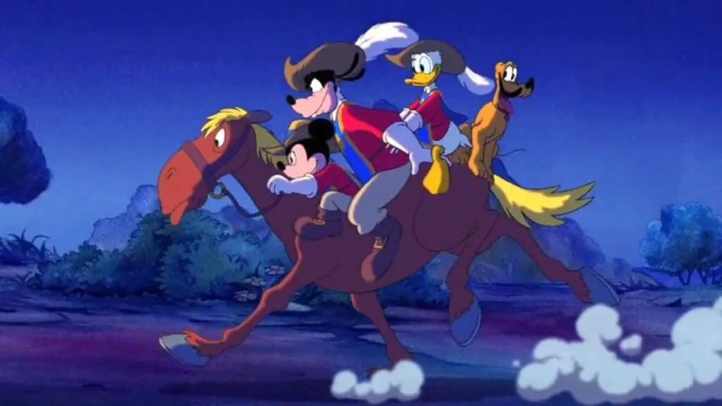 mickey, goofy, donald, and pluto riding a horse